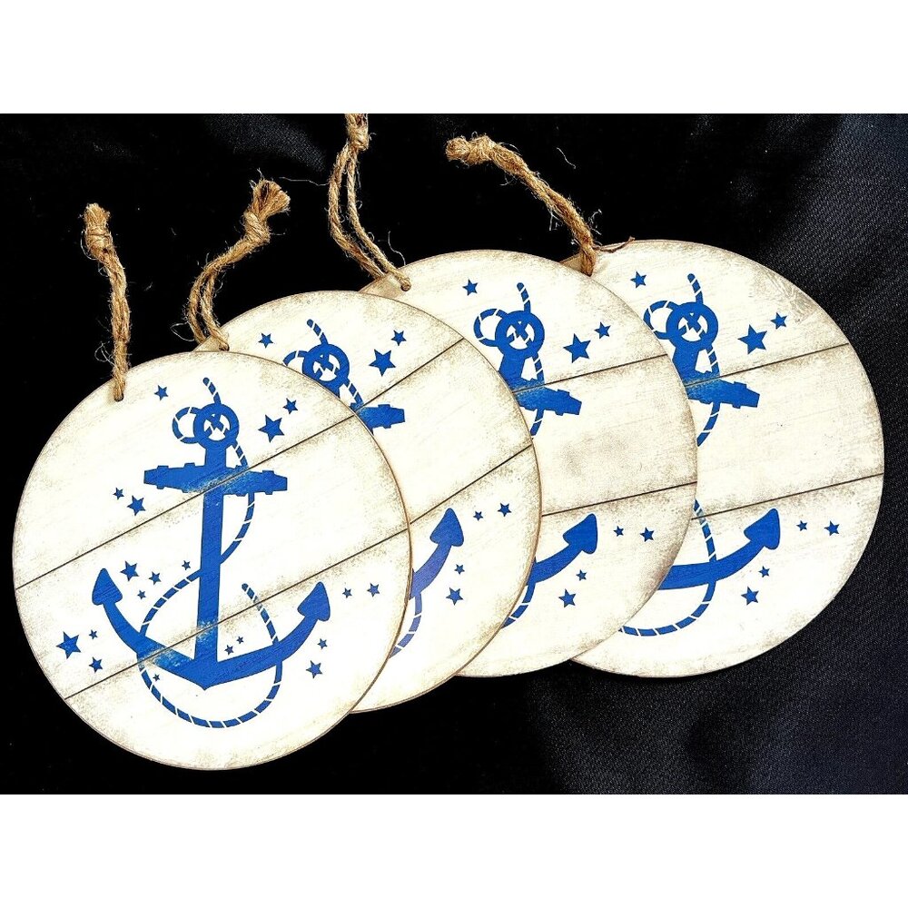 Nautical Anchor Print Round 8" Hanging Wood Sign Set 4 Natural Gray Blue NWT